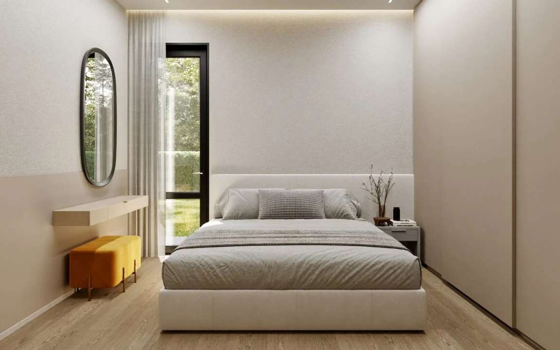 bedroom in a modular house featuring a minimalist design with a floating bed, elegant wooden accents, ambient lighting, and large windows for natural light.