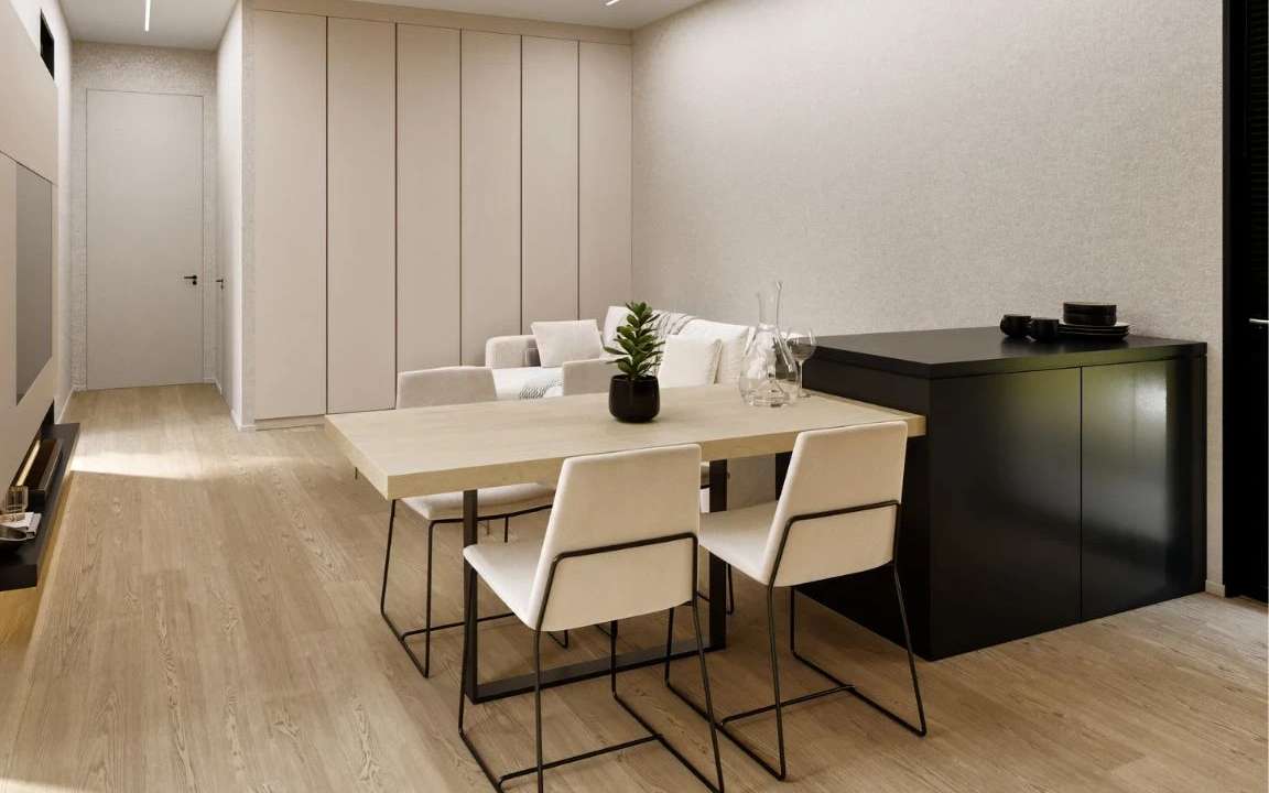 view of the modern living room in a beige prefabricated house.