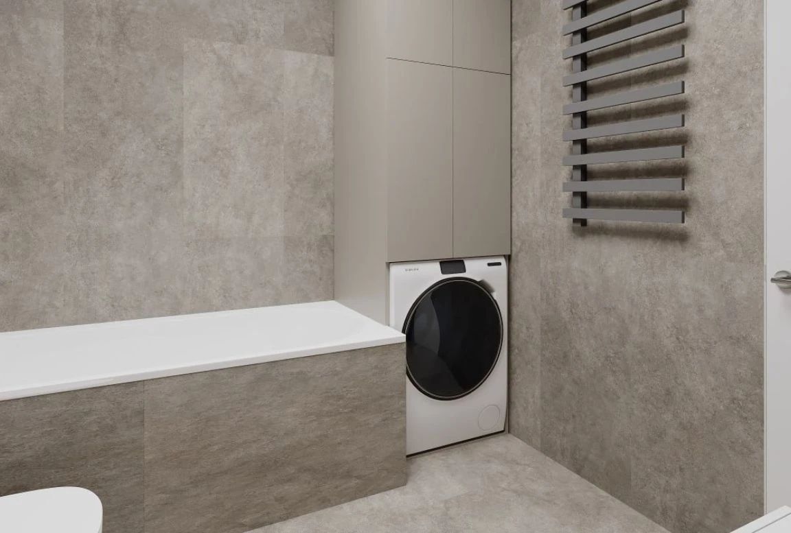 Compact bathroom with bathtub and integrated Samsung washing machine and vertical cabinets