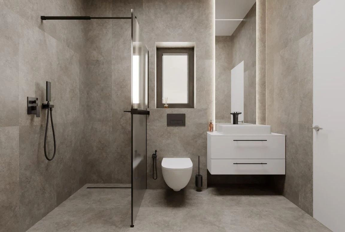 Stylish bathroom with walk-in shower, black matte fixtures, and floating white vanity