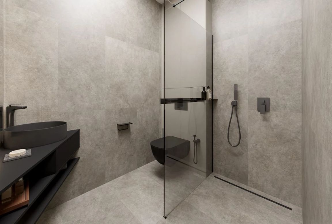 Contemporary bathroom in MD108 with floating toilet, walk-in shower, and minimalist fixtures.