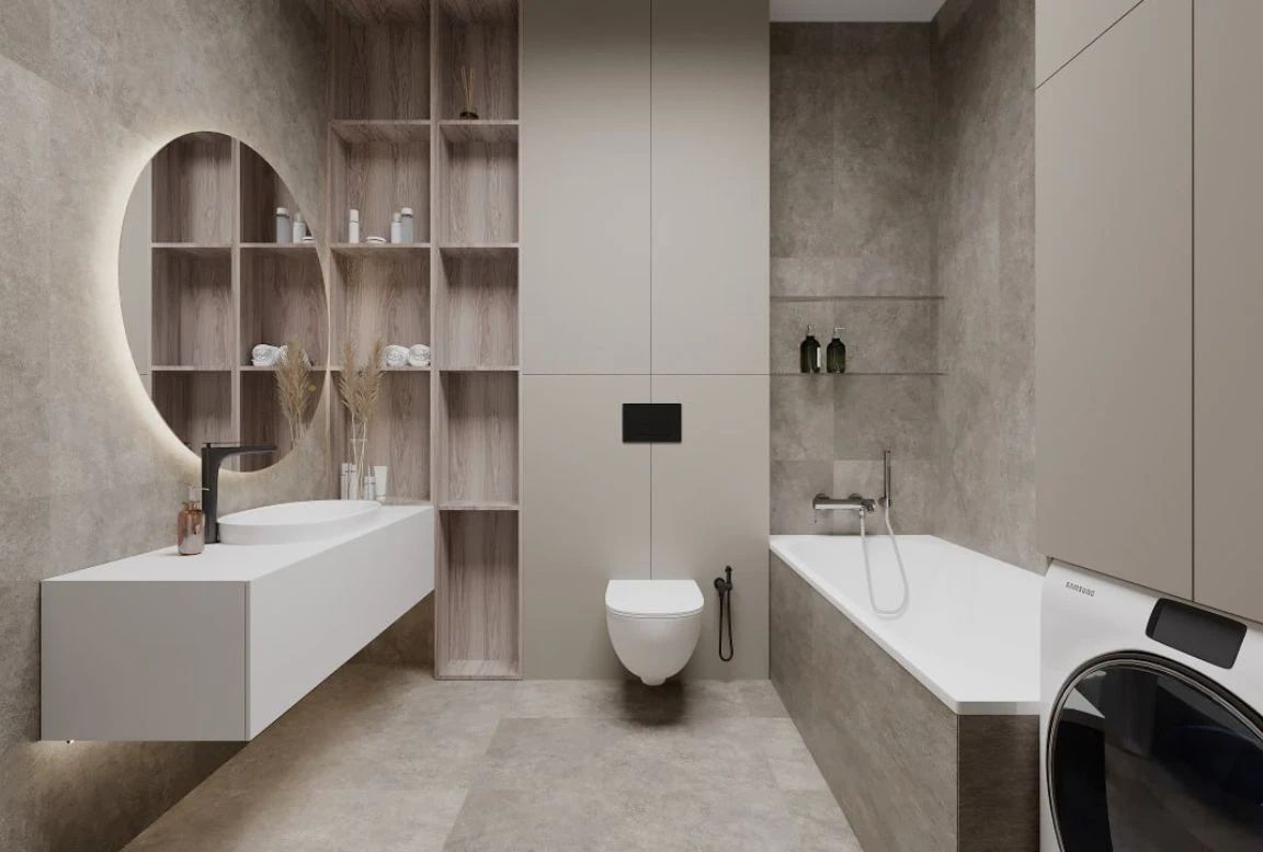Modern guest bathroom with round backlit mirror, open shelving, and floating vanity