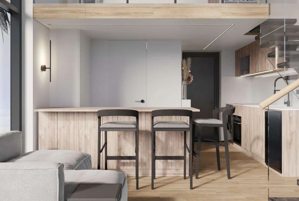 Living room of the  modular house with a large glass window and cozy couch