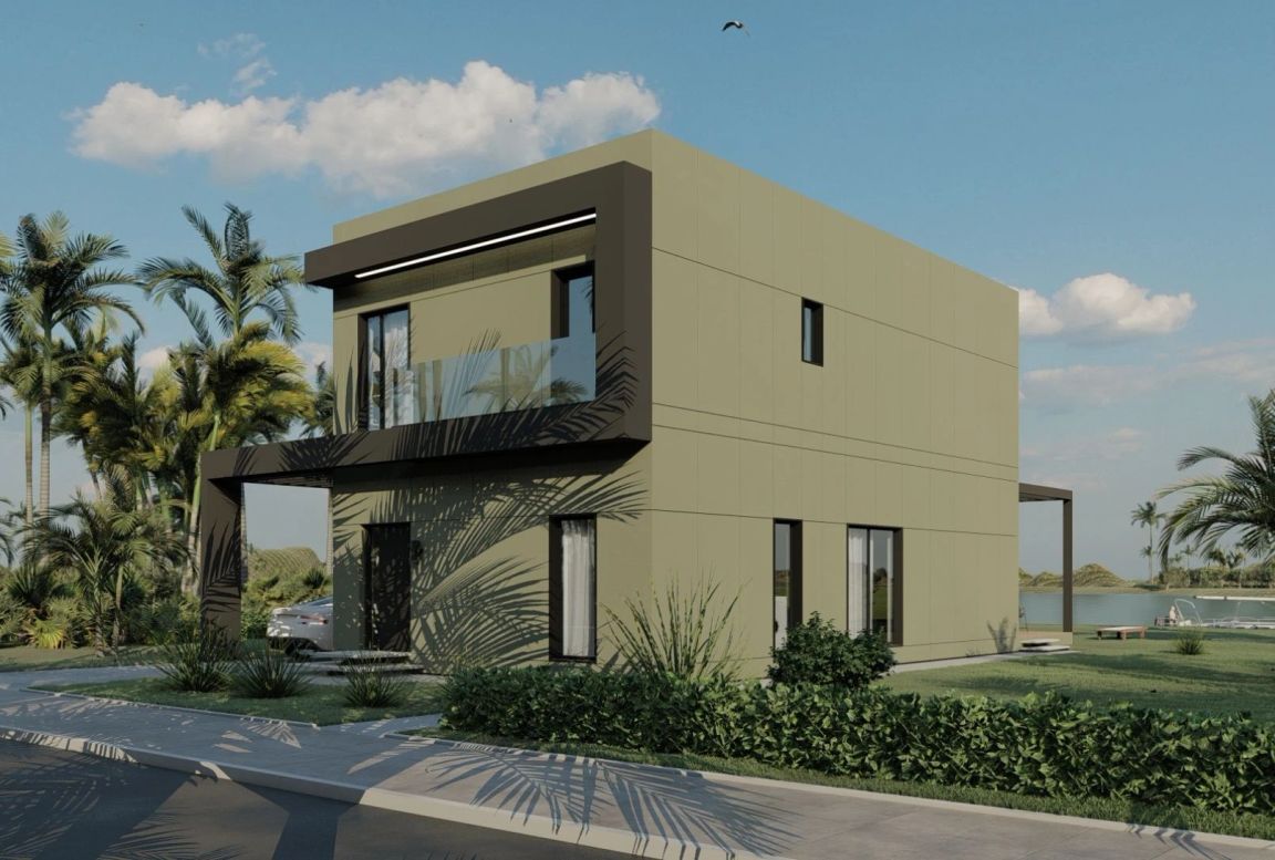 Exterior front right view of the MD168 two-story modular house by Mododomus, highlighting its modern architecture, spacious design, and customizable features.