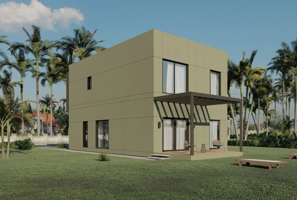 Exterior rear left view of the MD168 modular house, showcasing its contemporary design and the layout of outdoor living spaces ideal for family gatherings.