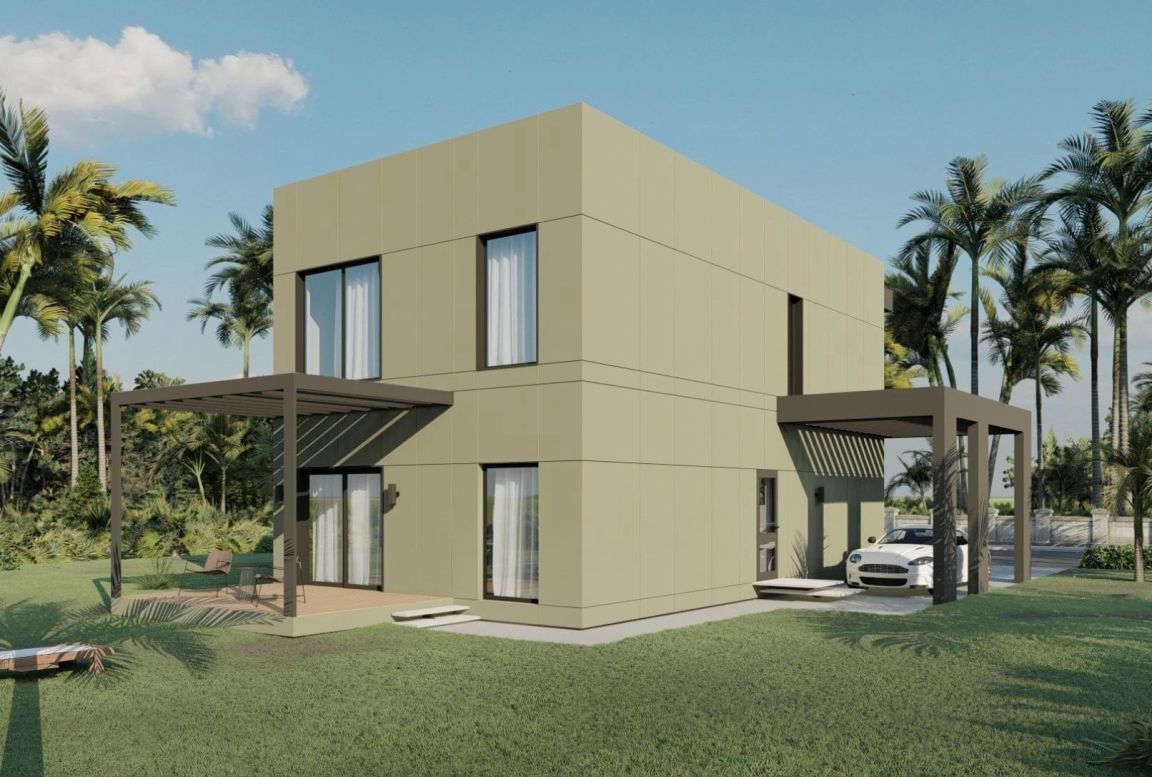 Exterior rear right view of the MD168 two-story modular house, emphasizing the sleek lines and modern aesthetics that define this customizable home.