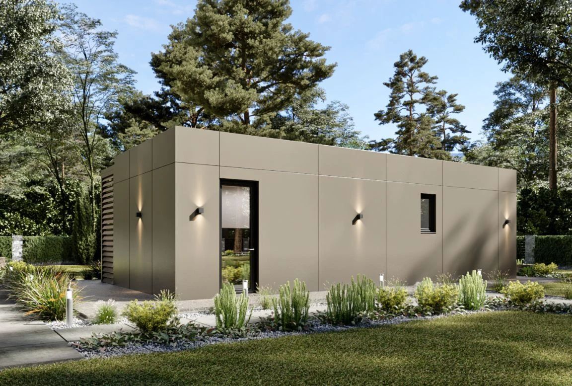 the exterior rear view of steel frame factory build one bedroom home MD54 with garden