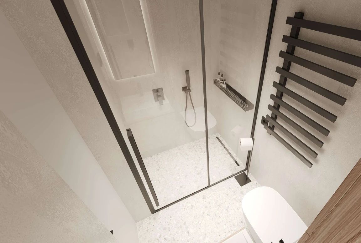 Overhead view of the shower in the  modular house with modern fixtures and design