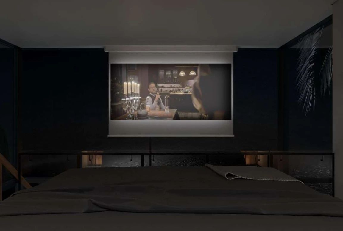 Bedroom view of Cinema projector at night