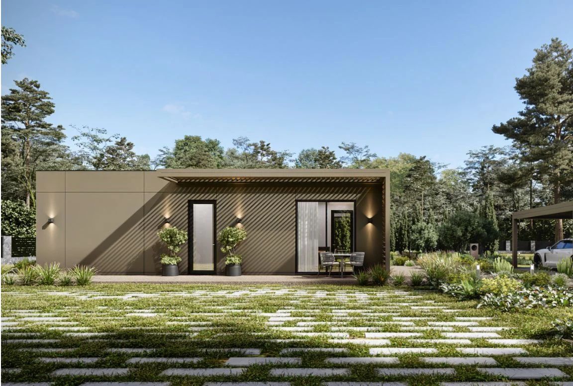 Sleek front exterior of the MD54 beige modular house, showcasing modern architectural design with large windows and a welcoming entrance.