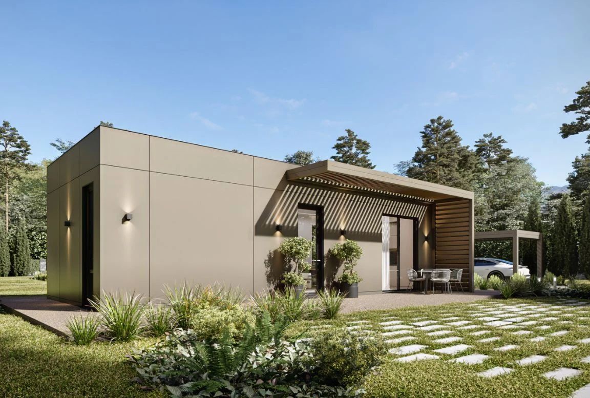 Stylish front left view of the MD54 beige modular house, featuring a spacious terrace that extends the living area outdoors for relaxed gatherings.