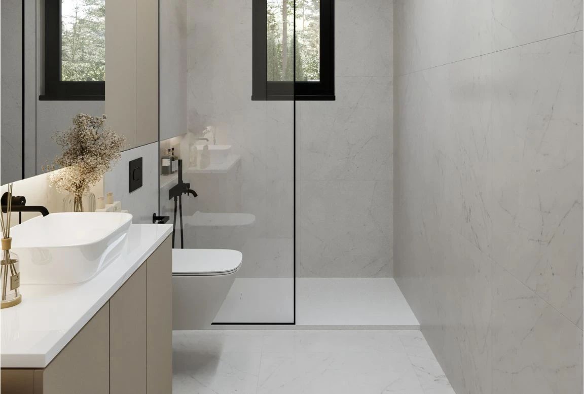 modern beige bathroom in a prefabricated home