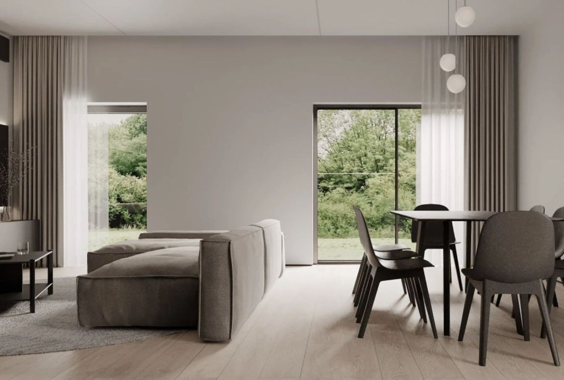 Living room on the left and dining area on the right