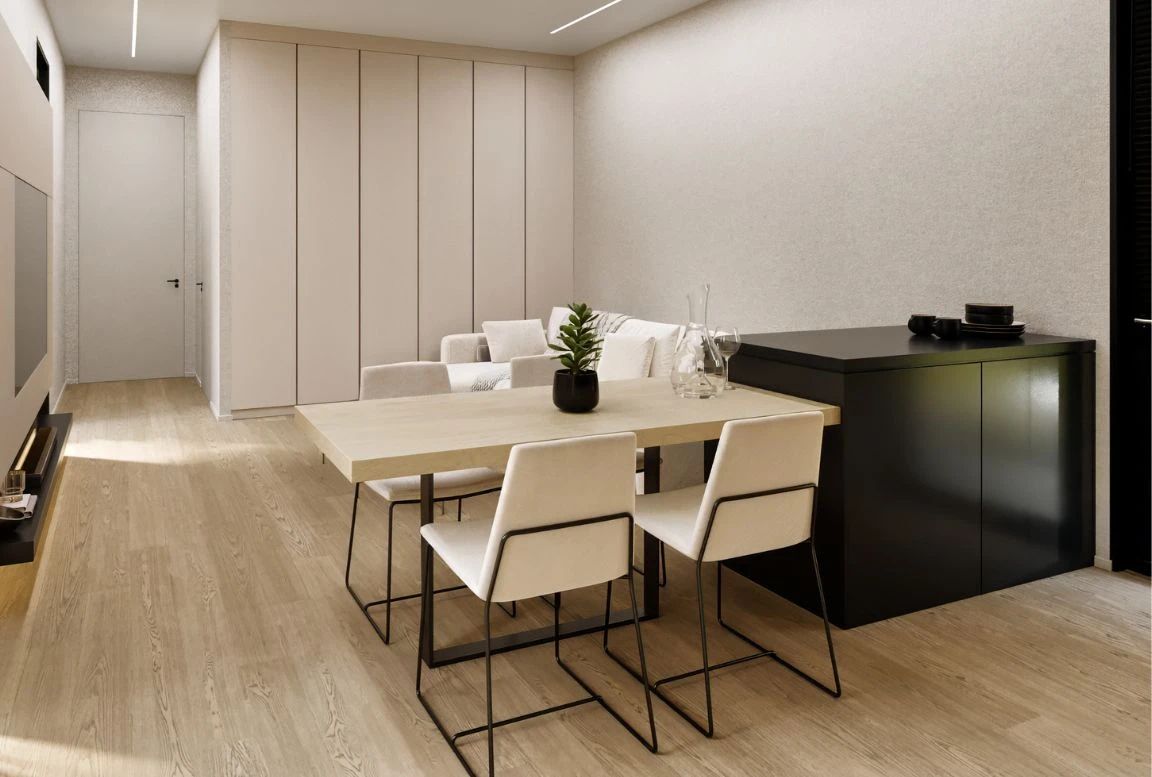 view of the modern living room in a beige prefabricated house.