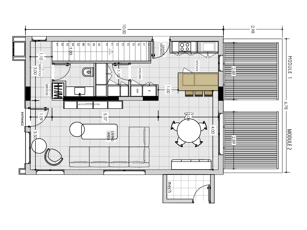 Architectural ground floor plan of a three bedroom modular house