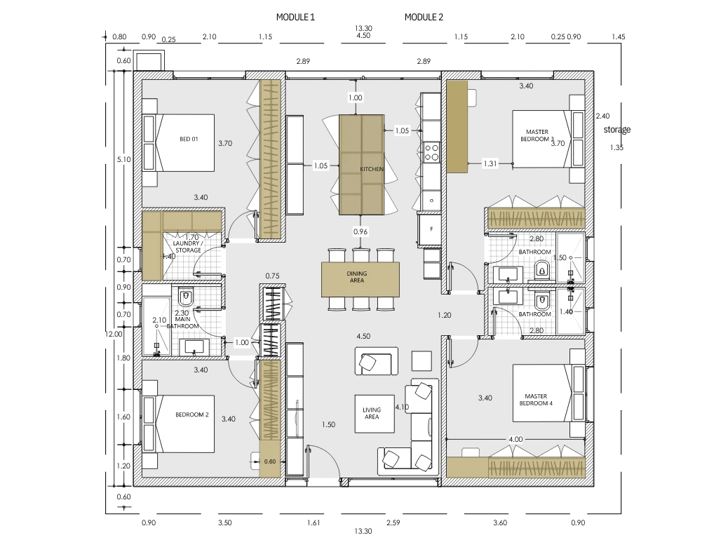 Floor plan of a single-level house with four bedrooms, two en suite bathrooms, and a open plan kitchen living and dining area