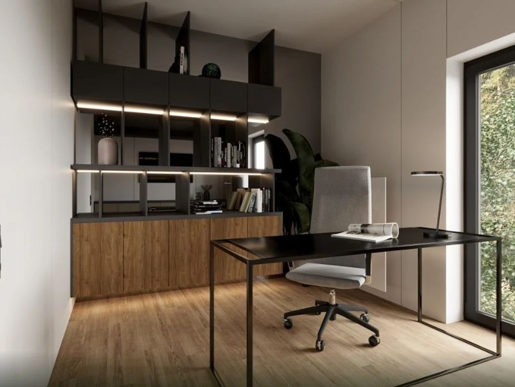 Modern home office with large window and built-in shelving