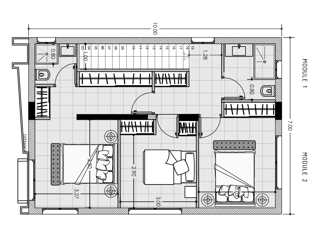 Architectural plan 1st floor of a three bedroom modular house