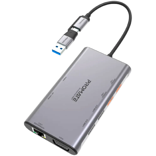 USB-хаб PROMATE PrimeHub-MST 9в1 USB-C PD/2хHDMI/VGA/2xUSB3.2/2xUSB2.0/RJ45 Grey (PRIMEHUB-MST.GREY)