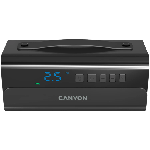 CANYON Rechargeable Electric Air Pump:Vendor device name: AP-118; Battery Capacity: 2000mah; Working Voltage:14.8V; Max Current: 13.5A; Max Pressure: 100PSI; Air flow:38L/Min; Charging: 17.5V 1A charger