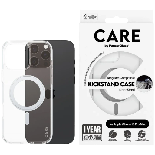 PANZERGLASS Case Feature Case Transparent w. Silver Kickstand & MagSafe თან MagSafe Clear/Silver for iPhone 16 Pro Max