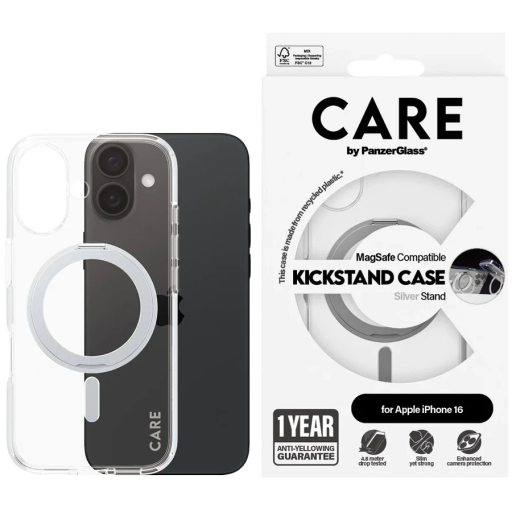 Case PANZERGLASS Feature transparent with MagSafe for iPhone 16, Silver Kickstand