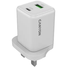 Power Adapter CANYON 2*USB/USB-C, 45 W, White USB Type C, USB Type-A (UK Plug) — Image №1