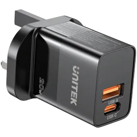 UNITEK Power Adapter 2*USB/USB-C, 20 W, Black — Image №1