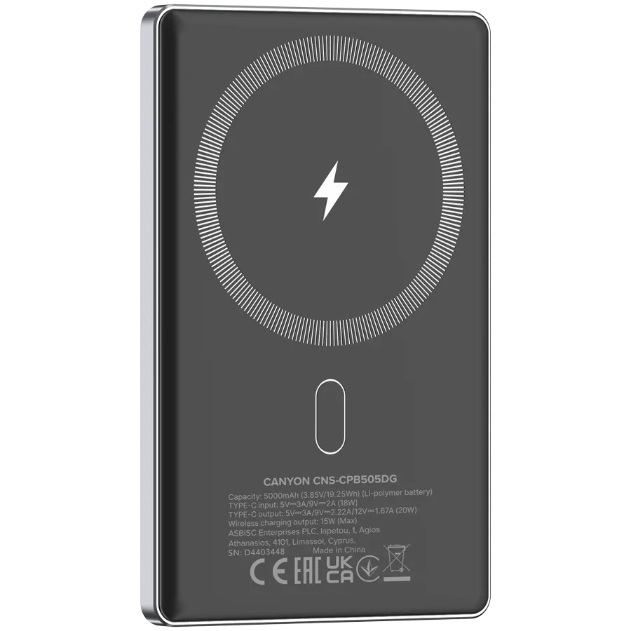 CANYON OnPower 505 Power Bank, 5000 mAh, Σκούρο Γκρι — Εικών №4