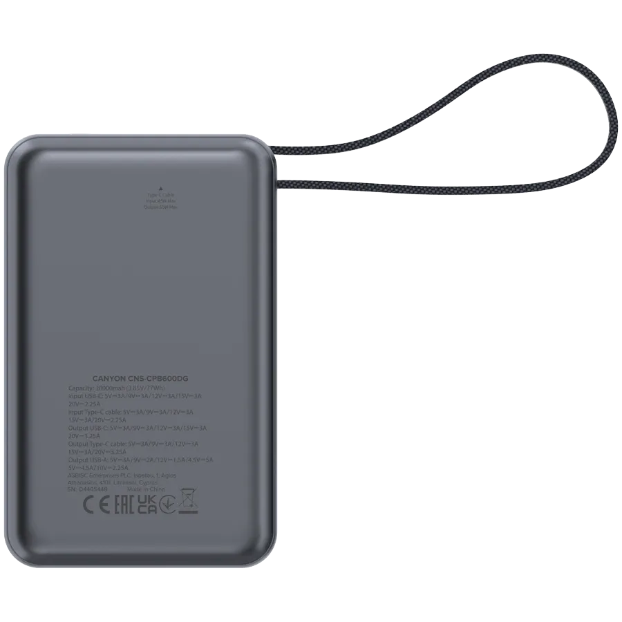 CANYON OnPower 600 Power Bank, 20000 mAh, Σκούρο Γκρι — Εικών №5