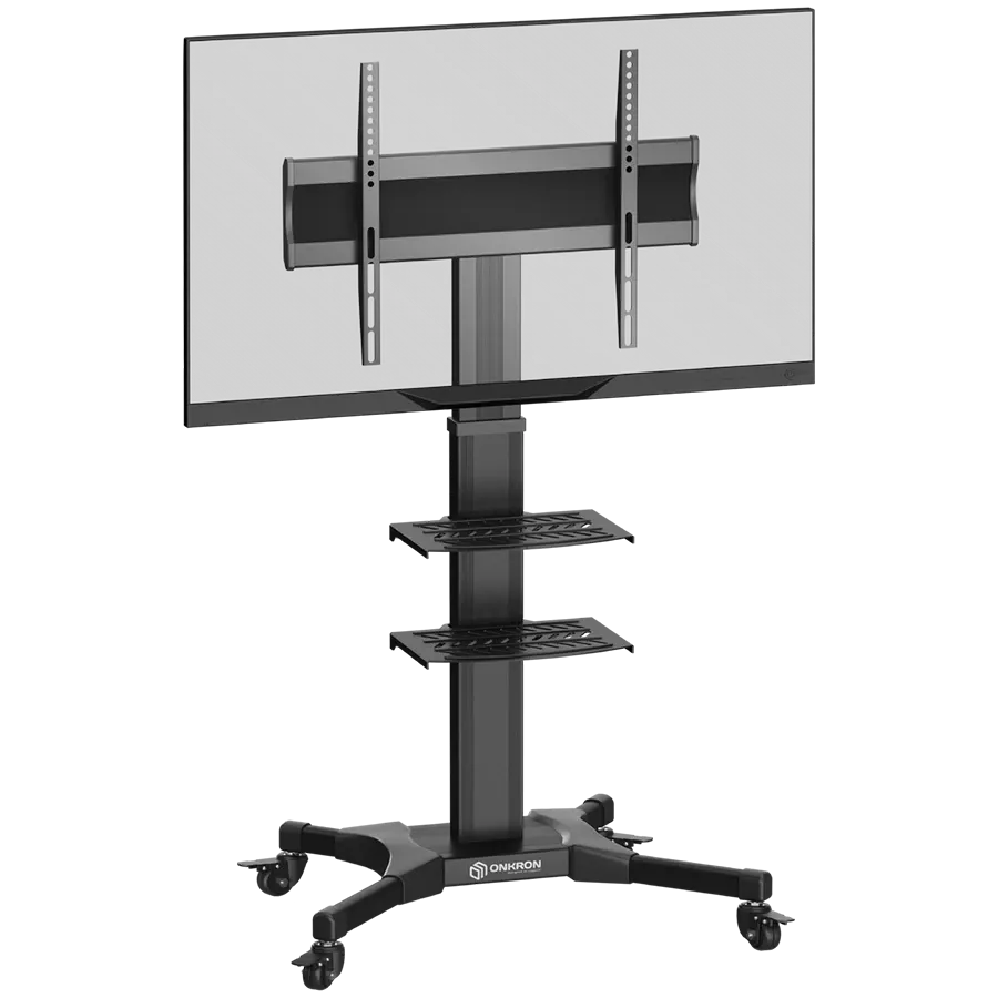 ONKRON Mobile TV Stand Rolling TV Cart for 32”-60”  up to 30 kg TVs w/ Shelves Wheels, Black VESA: 100x100 - 600x400 — Image №1