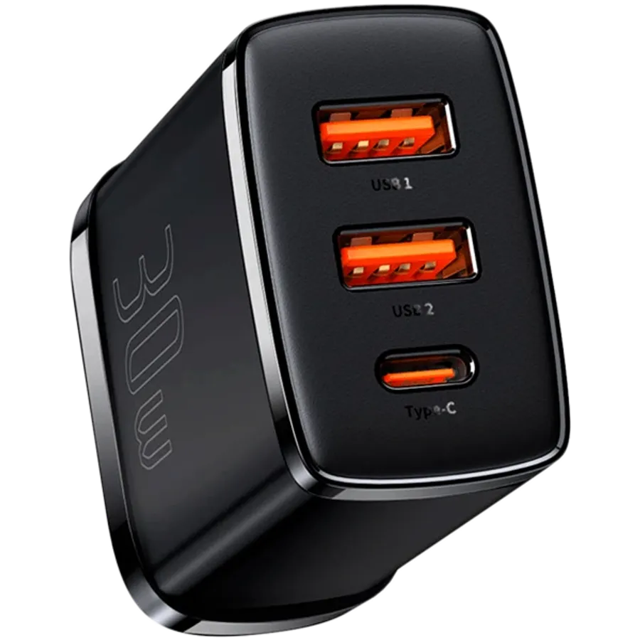 BASEUS Адаптер питания 3*USB/USB-C, 30 Вт, Чёрный 2*USB Type-A, 1*USB Type C — Изображение №1